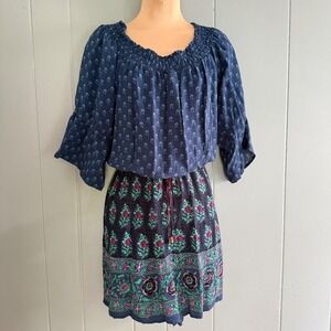 Anthropologie Entwine Womens L Boho Romper Navy Block Print Smocked Bell Sleeve